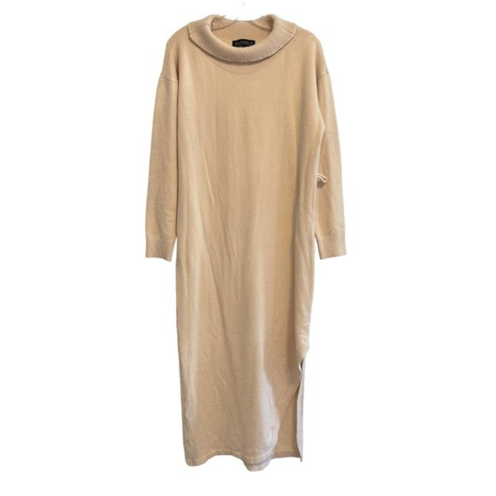 Eloquii Tan Beige Knit Mock‎ Neck Long Sleeve Side Slit Midi Sweater Dress